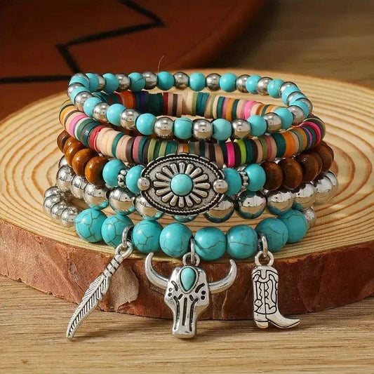 Boho Western Bracelet Set - 5 Piece Turquoise & Wood Beaded Stack with Feather, Bull Skull & Boot Charms - Patelcreations