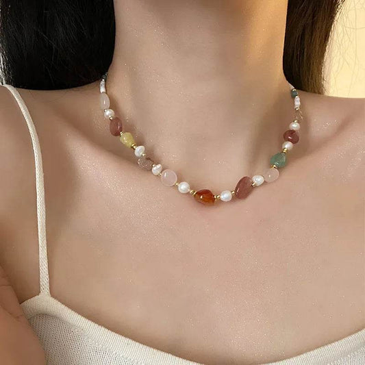 Mixed Stone Pearl Necklace - Freshwater Pearl Agate Geometric Beaded Chain - 18K Gold Plated - Patelcreations