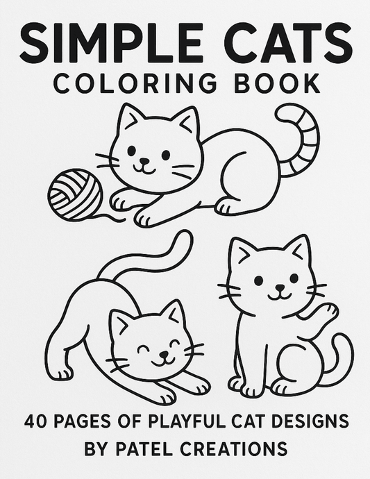 Simple Cats Coloring Book - 40 Pages of Playful Cat Designs - Digital Download - Patelcreations