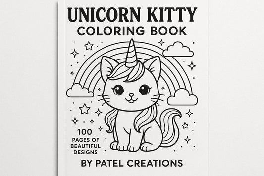 Unicorn Kitty Coloring Book - 100 Pages of Beautiful Designs - Digital Download - Patelcreations