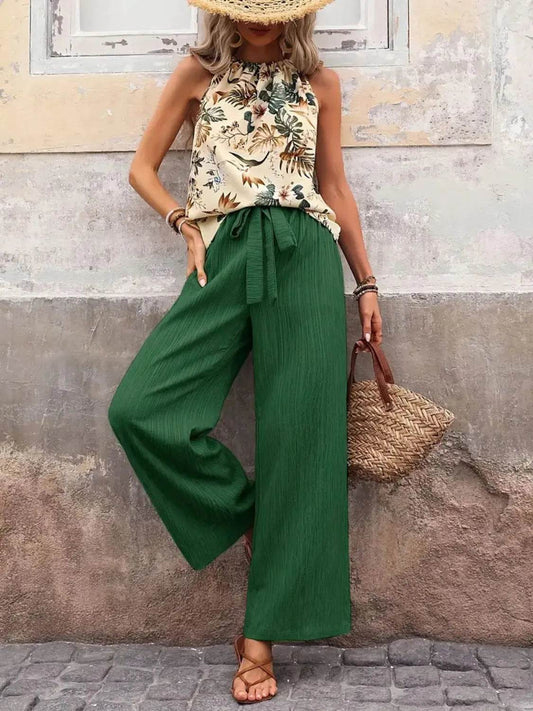 🌿 Meadow Glow Printed Tank Top and Wide Leg Pants Set - Patelcreations