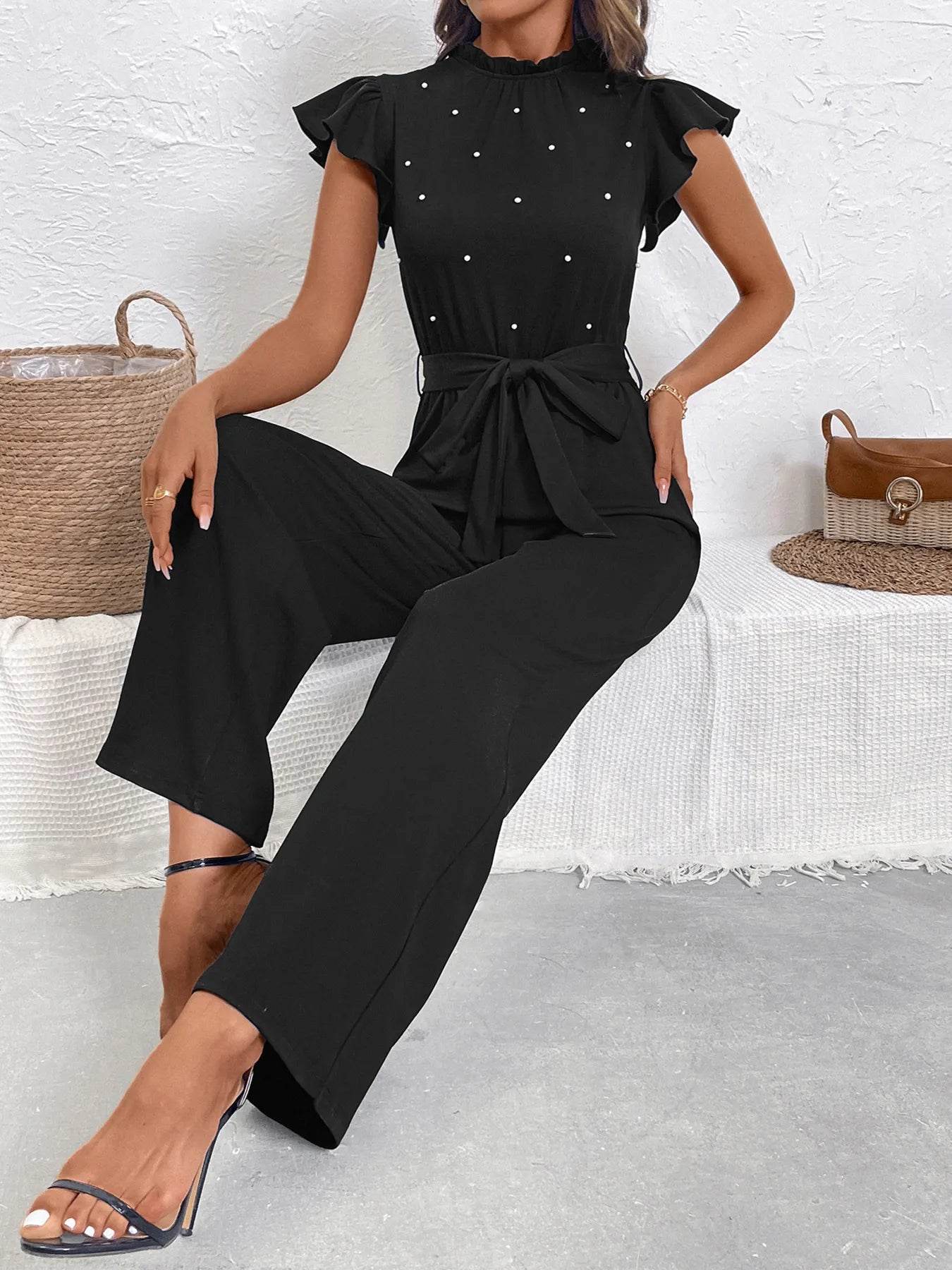 🖤✨ Black Pearl Detail Ruffled Jumpsuit 💎🌸 - Patelcreations