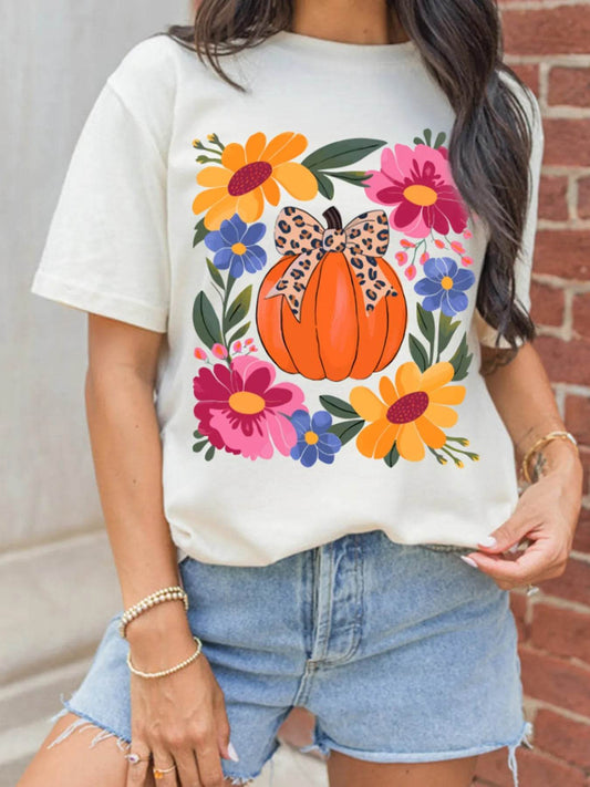 🎃🌸 Pumpkin Floral Graphic Round Neck T-Shirt 🍂✨ - Patelcreations