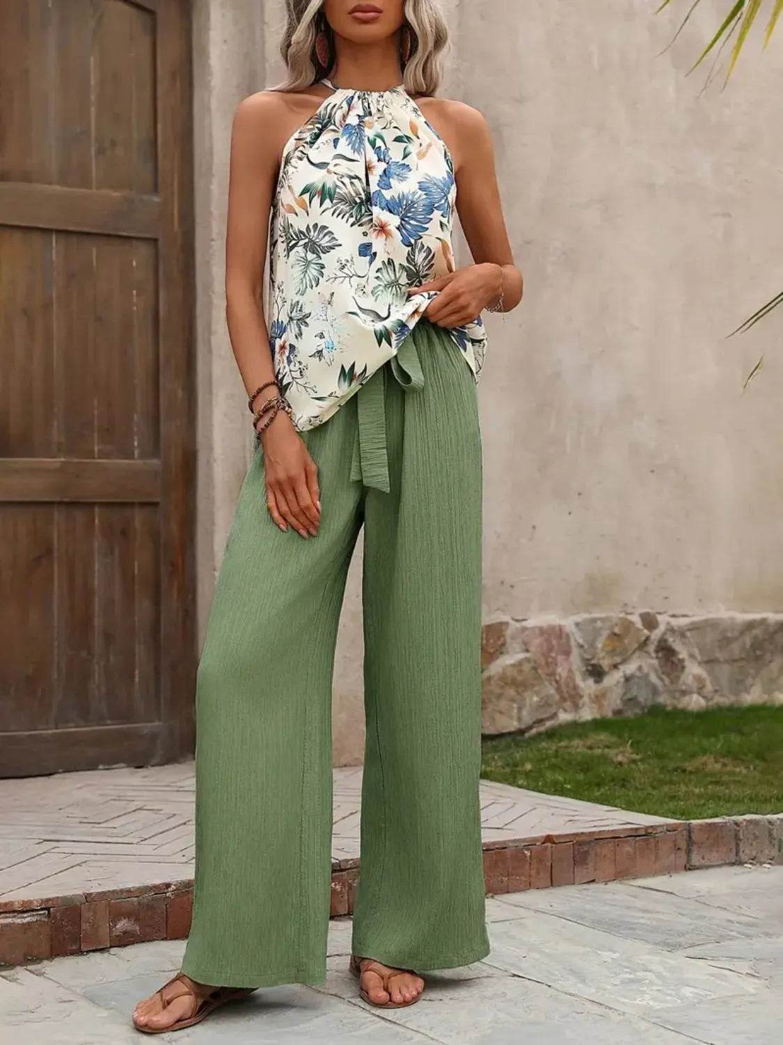 🌿 Meadow Glow Printed Tank Top and Wide Leg Pants Set - Patelcreations