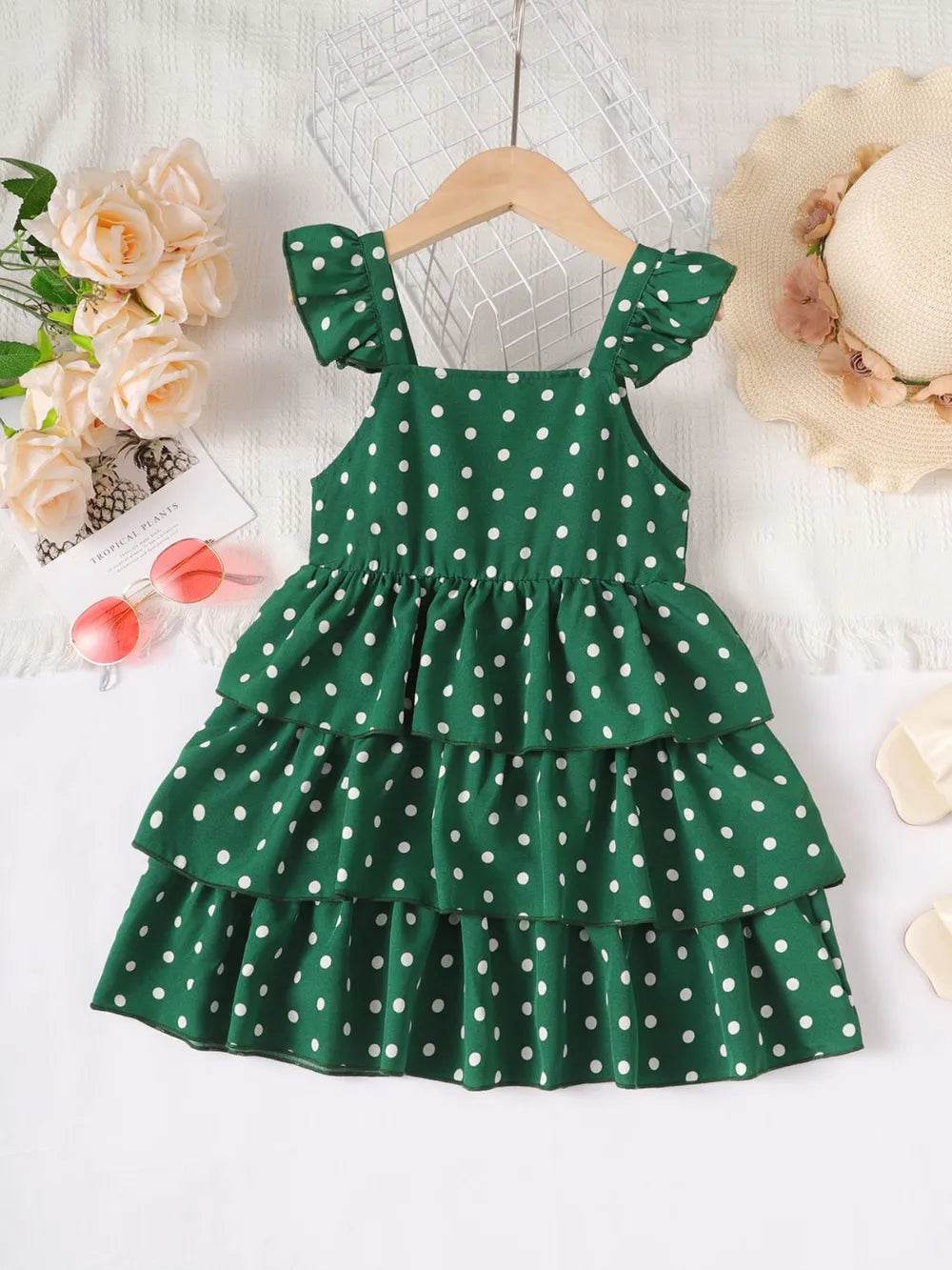 Bow Polka Dot Square Neck Layered Dress - Scarlet & Dark Green - Patelcreations