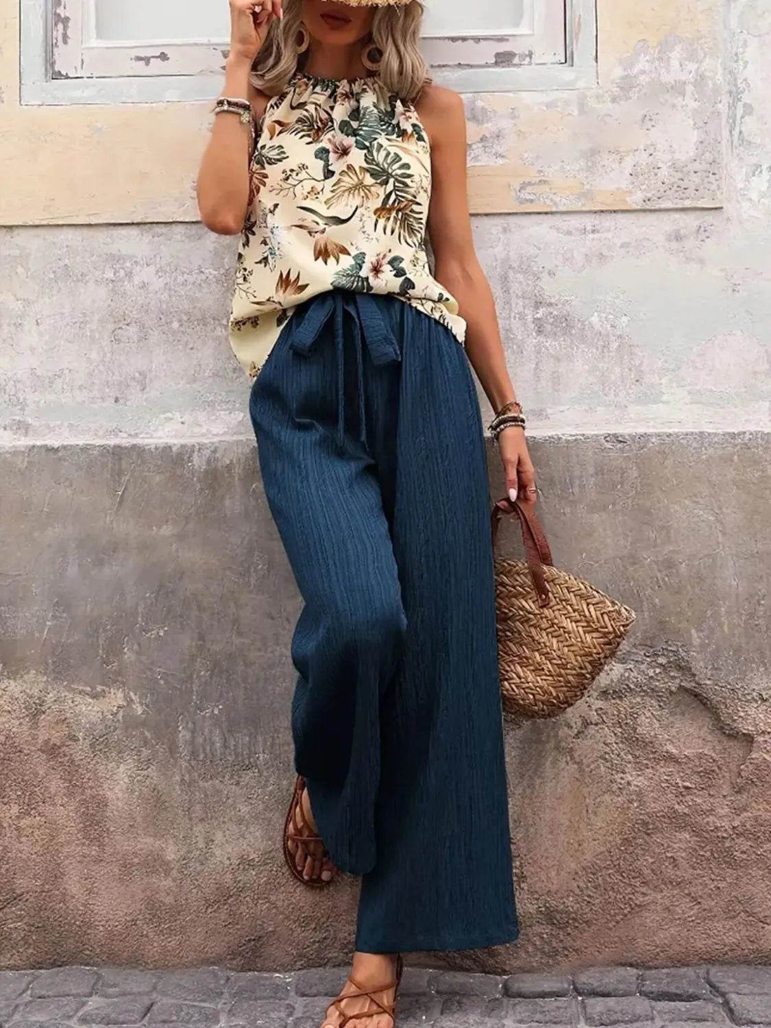 🌿 Meadow Glow Printed Tank Top and Wide Leg Pants Set - Patelcreations