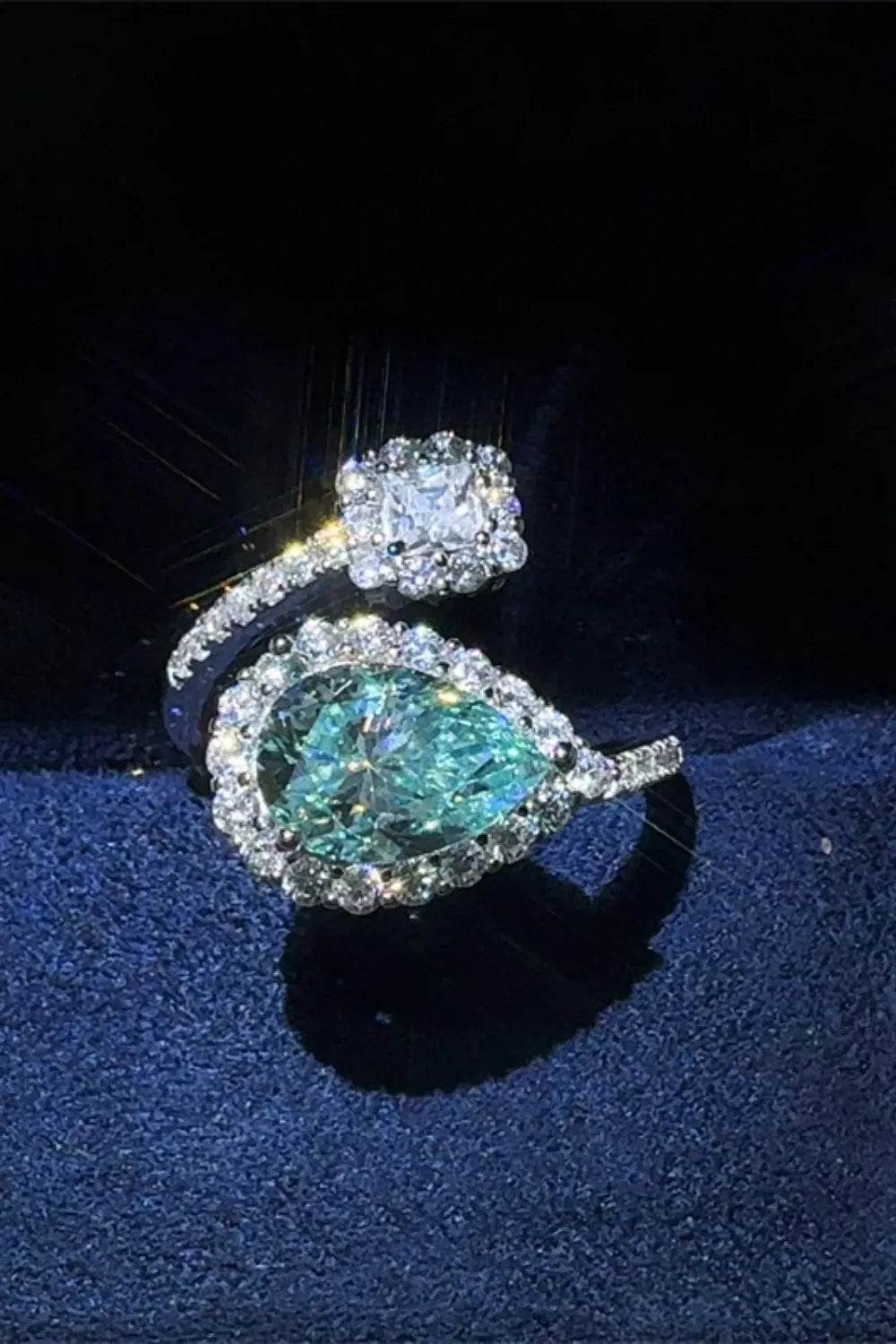 2 Carat Turquoise Moissanite Ring - Sterling Silver Bypass Design - Patelcreations