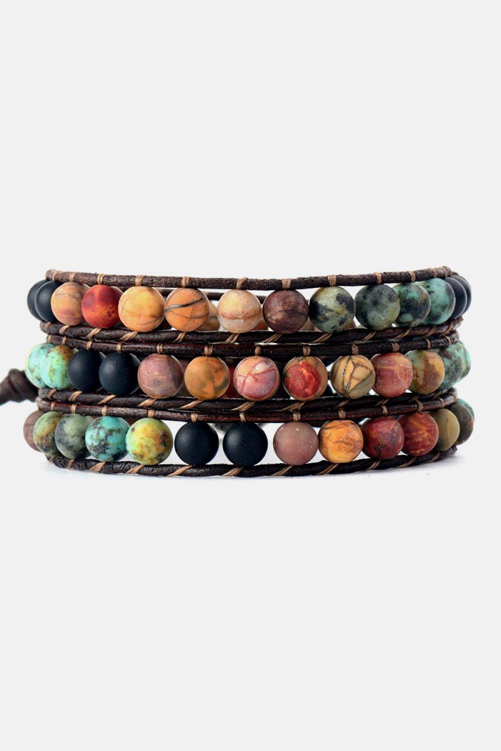 Handmade Triple Layer Beaded Agate Bracelet - Natural Earth Tones Heart Charm - Patelcreations