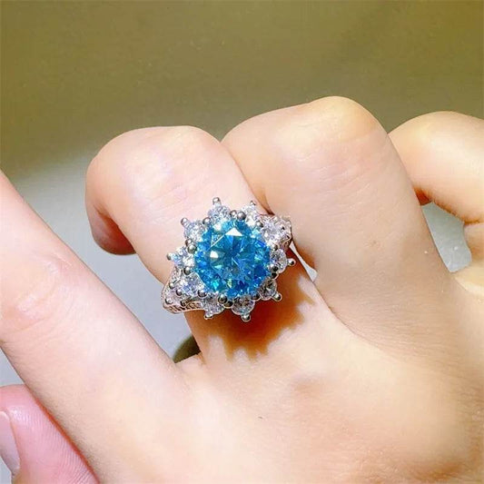 3 Carat Blue Moissanite Ring - Sterling Silver Oval Halo Design - Patelcreations