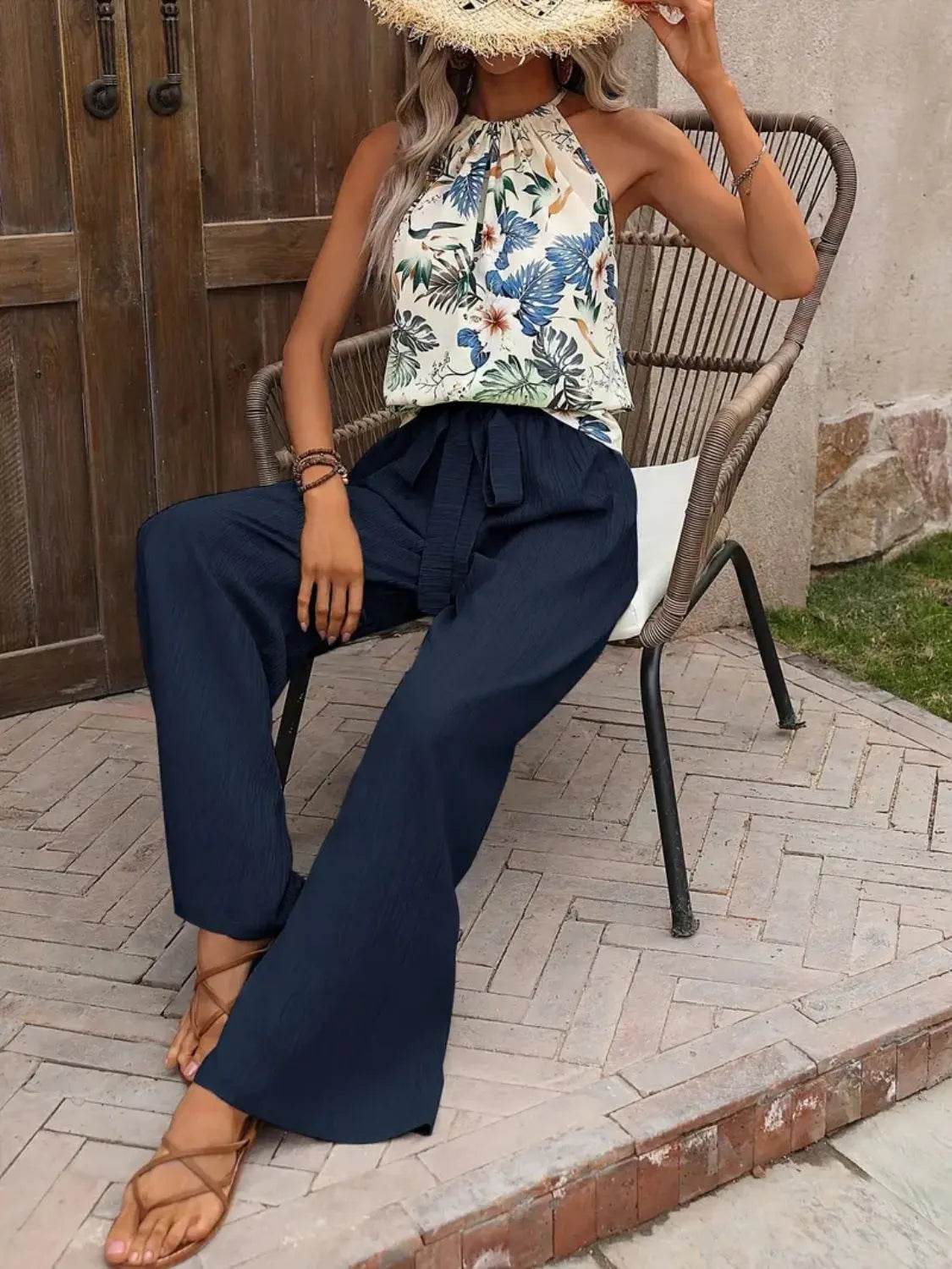 🌿 Meadow Glow Printed Tank Top and Wide Leg Pants Set - Patelcreations