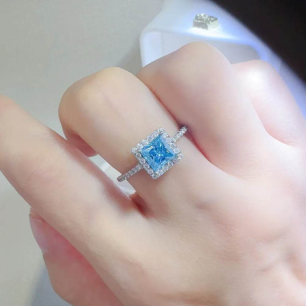 2 Carat Blue Moissanite 925 Sterling Silver Square Shape Ring - Princess Cut Halo - Patelcreations