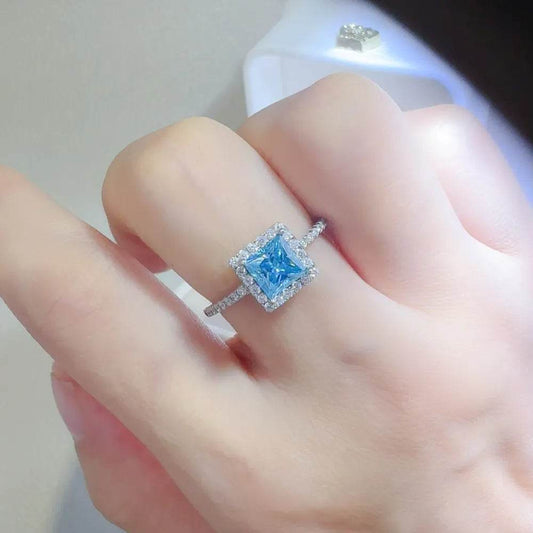 2 Carat Blue Moissanite 925 Sterling Silver Square Shape Ring - Princess Cut Halo - Patelcreations