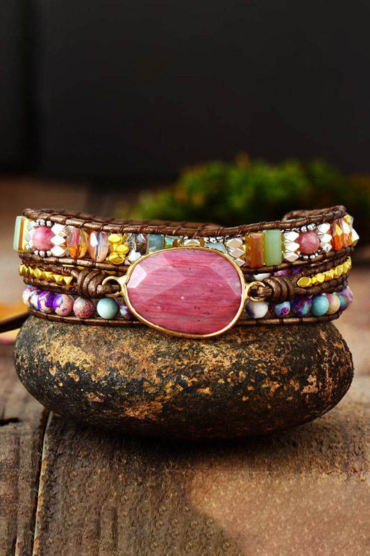 Handmade Crystal Beaded Natural Stone Bracelet - Pink Rhodonite Rainbow Bohemian - Patelcreations