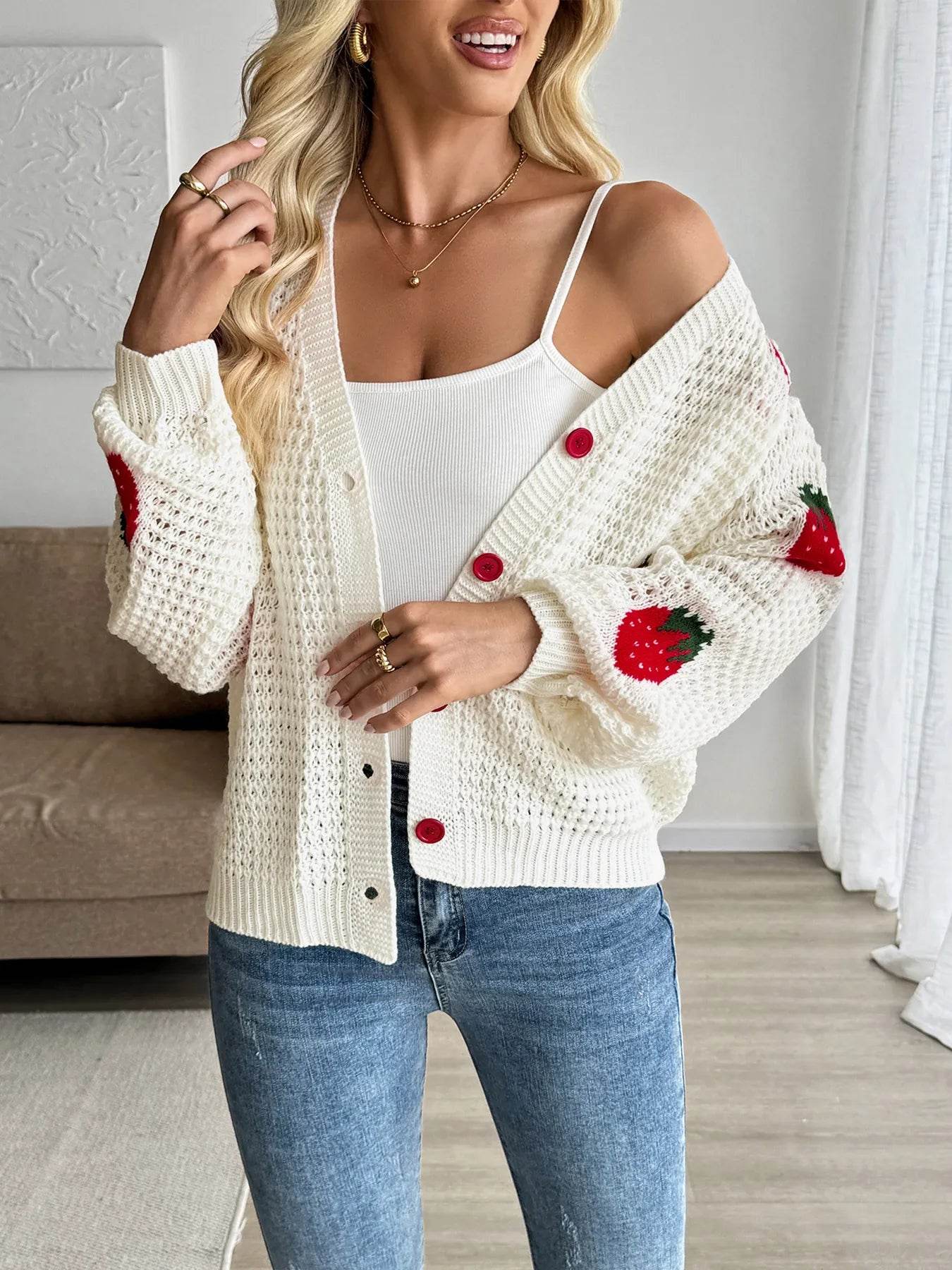 🍓✨ Strawberry Pattern V-Neck Button-Up Cardigan 🌸💕 - Patelcreations