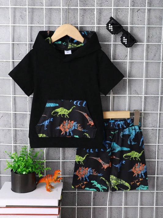 Children's Dinosaur Short Sleeve Hooded Top and Pants Set - Black - Patelcreations