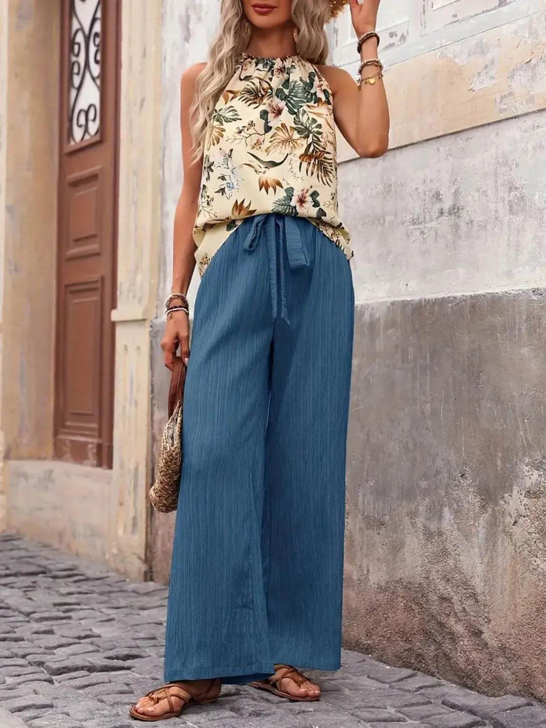🌿 Meadow Glow Printed Tank Top and Wide Leg Pants Set - Patelcreations
