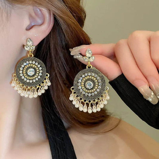 Rhinestone Alloy Bead Dangle Earrings - Traditional Mandala Design with Pearl Drops - Patelcreations
