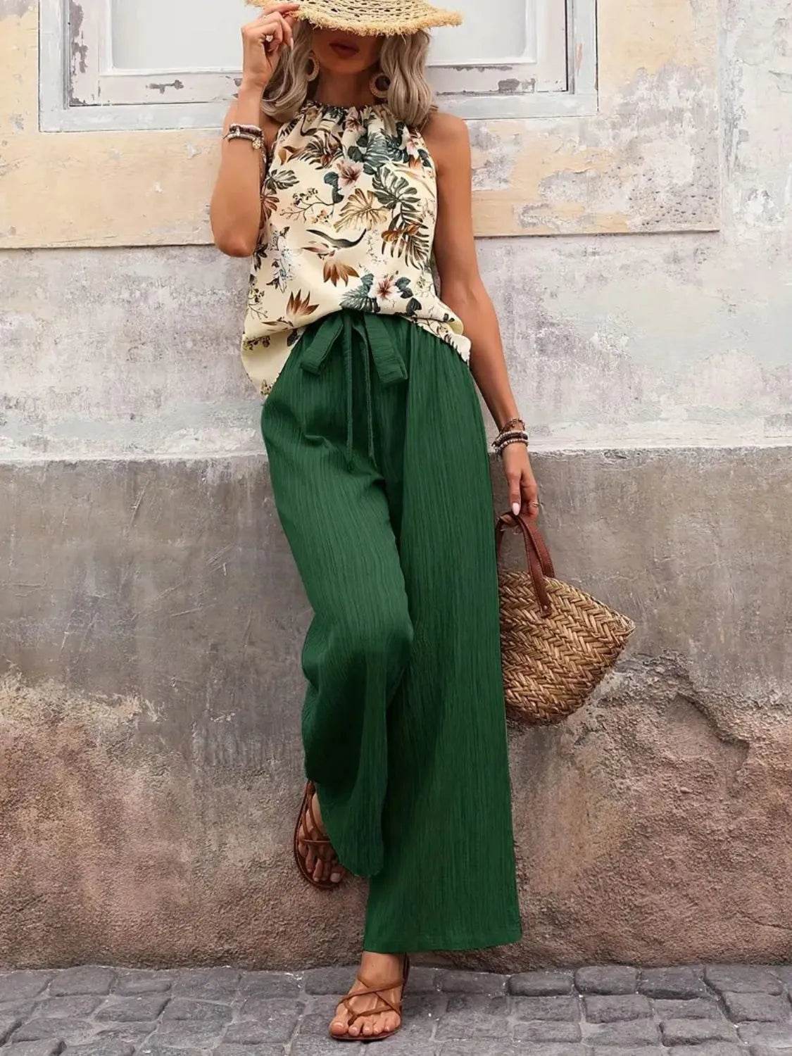 🌿 Meadow Glow Printed Tank Top and Wide Leg Pants Set - Patelcreations