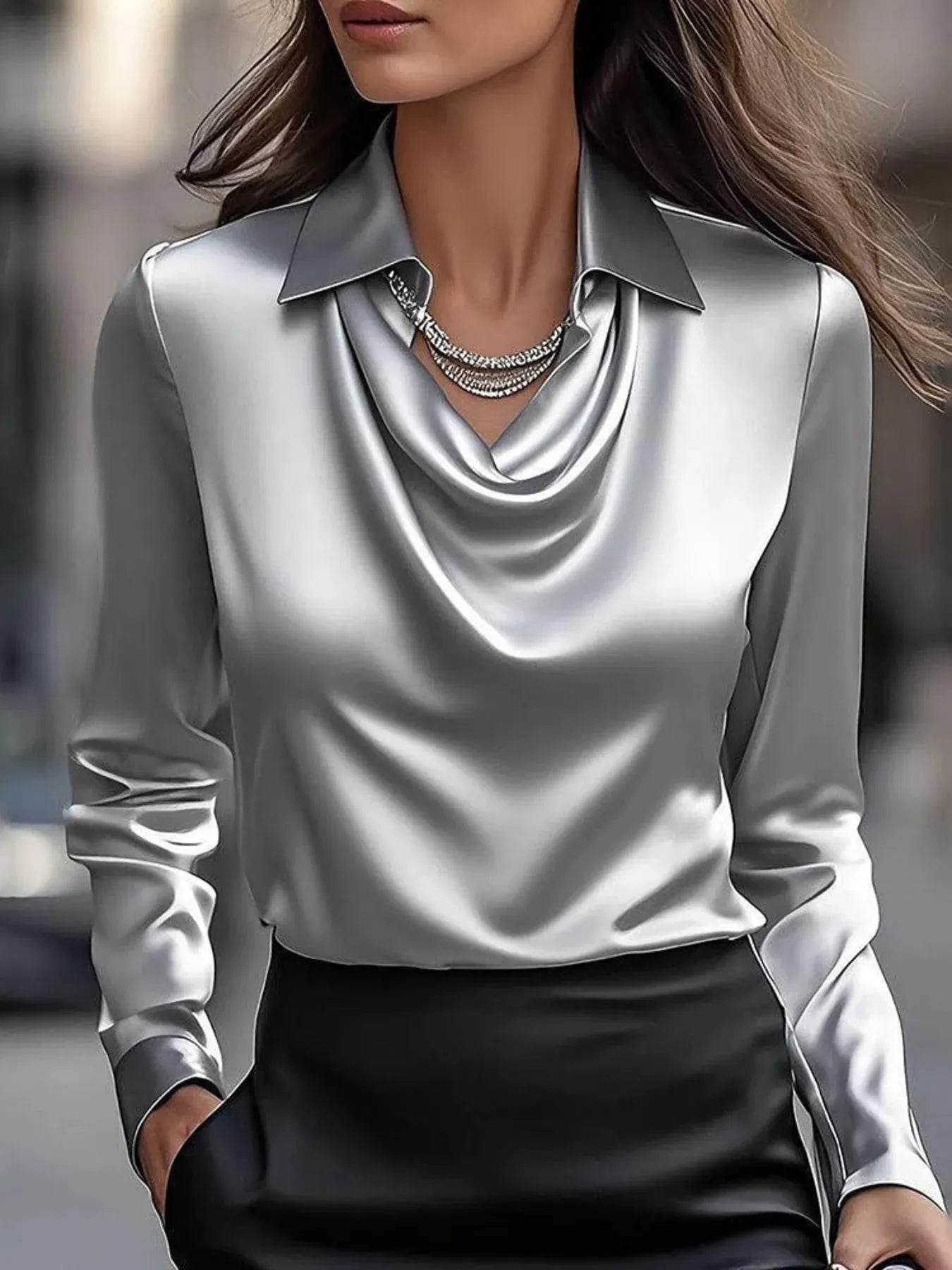✨👔 Elegant Collared Neck Long Sleeve Satin Blouse - Plus Size Available 💼🌟 - Patelcreations