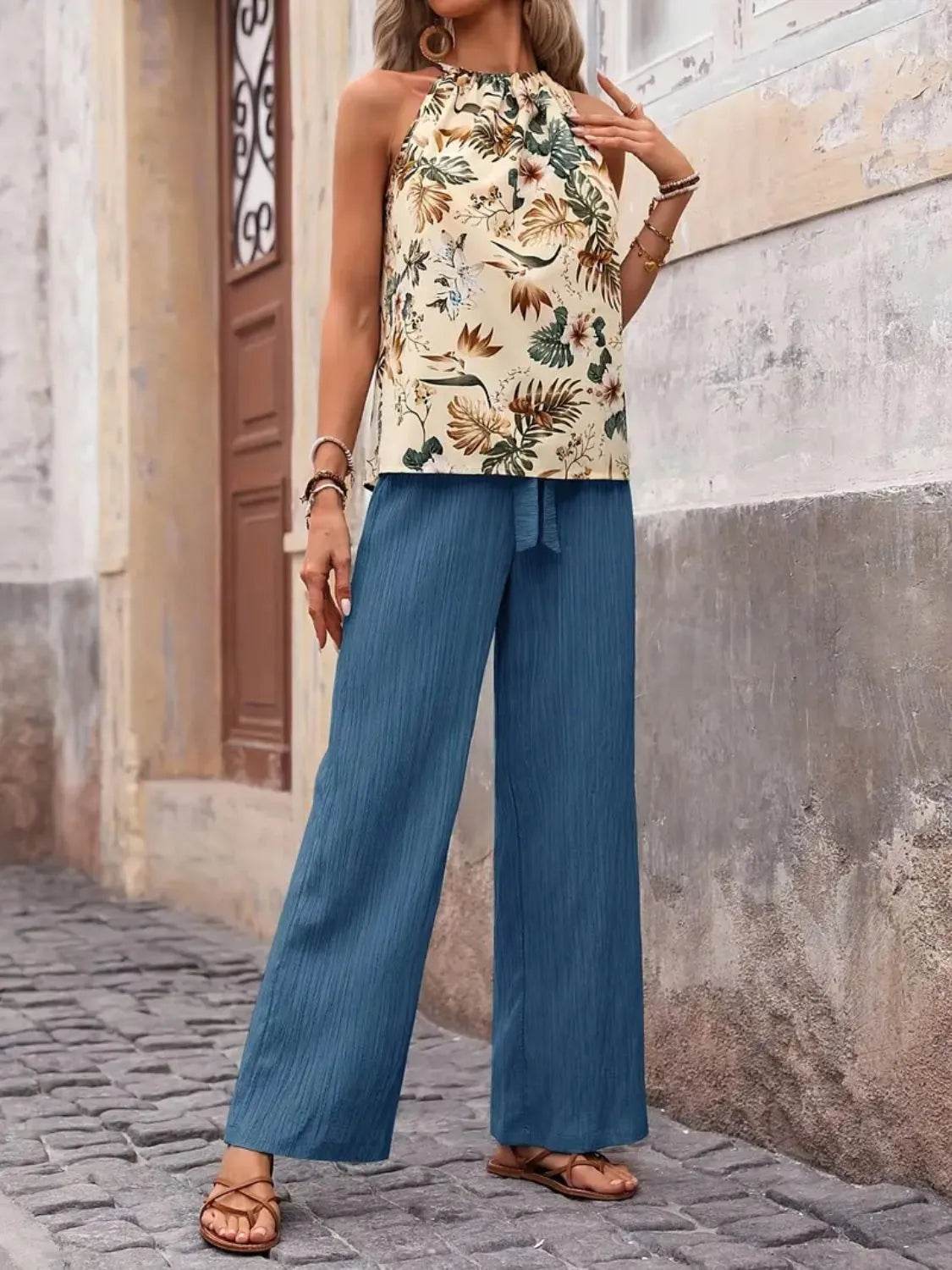 🌿 Meadow Glow Printed Tank Top and Wide Leg Pants Set - Patelcreations