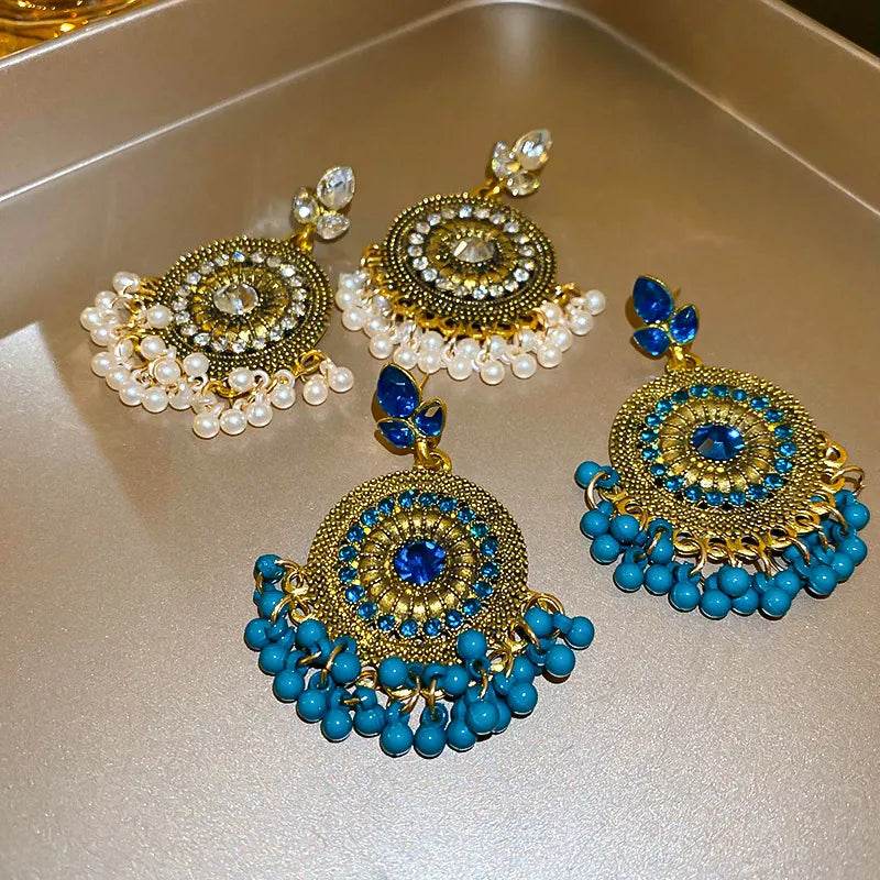Rhinestone Alloy Bead Dangle Earrings - Traditional Mandala Design with Pearl Drops - Patelcreations