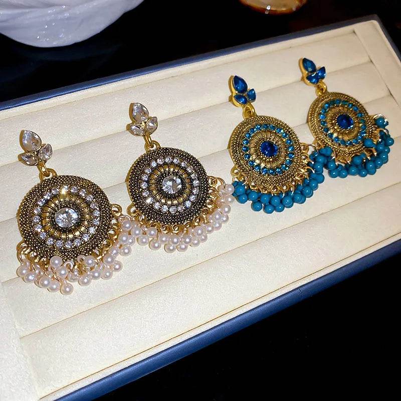 Rhinestone Alloy Bead Dangle Earrings - Traditional Mandala Design with Pearl Drops - Patelcreations