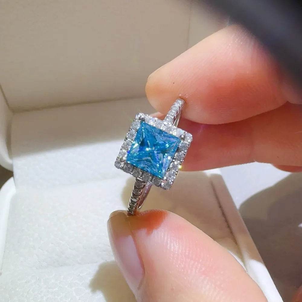 2 Carat Blue Moissanite 925 Sterling Silver Square Shape Ring - Princess Cut Halo - Patelcreations