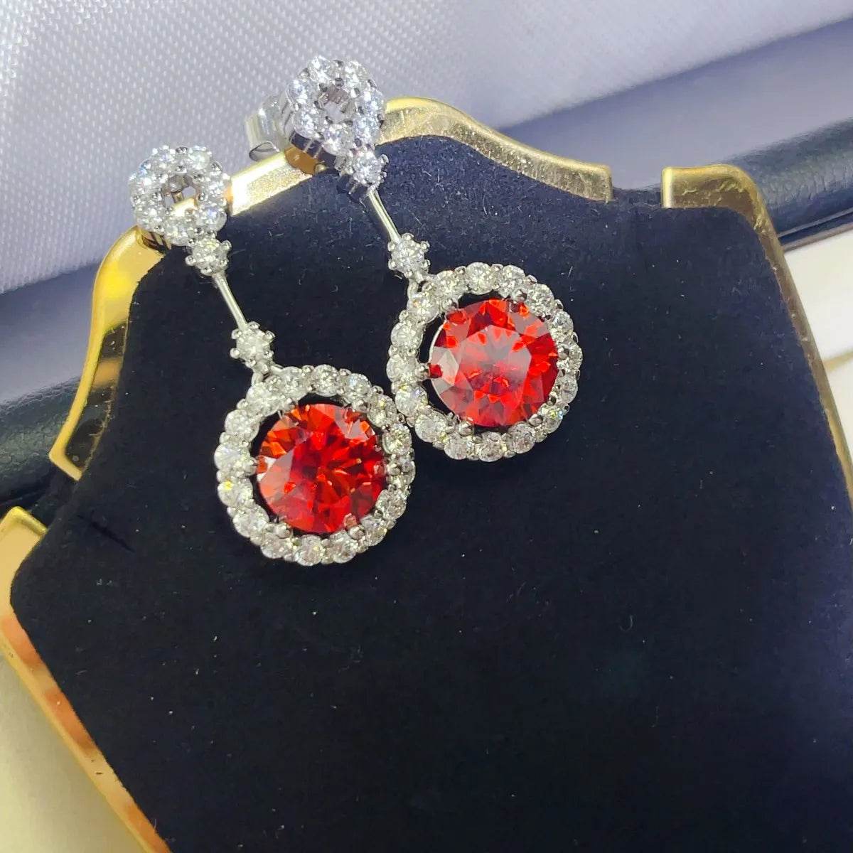 4 Carat Ruby Red Crystal Drop Earrings with Rhinestone Halo - Patelcreations