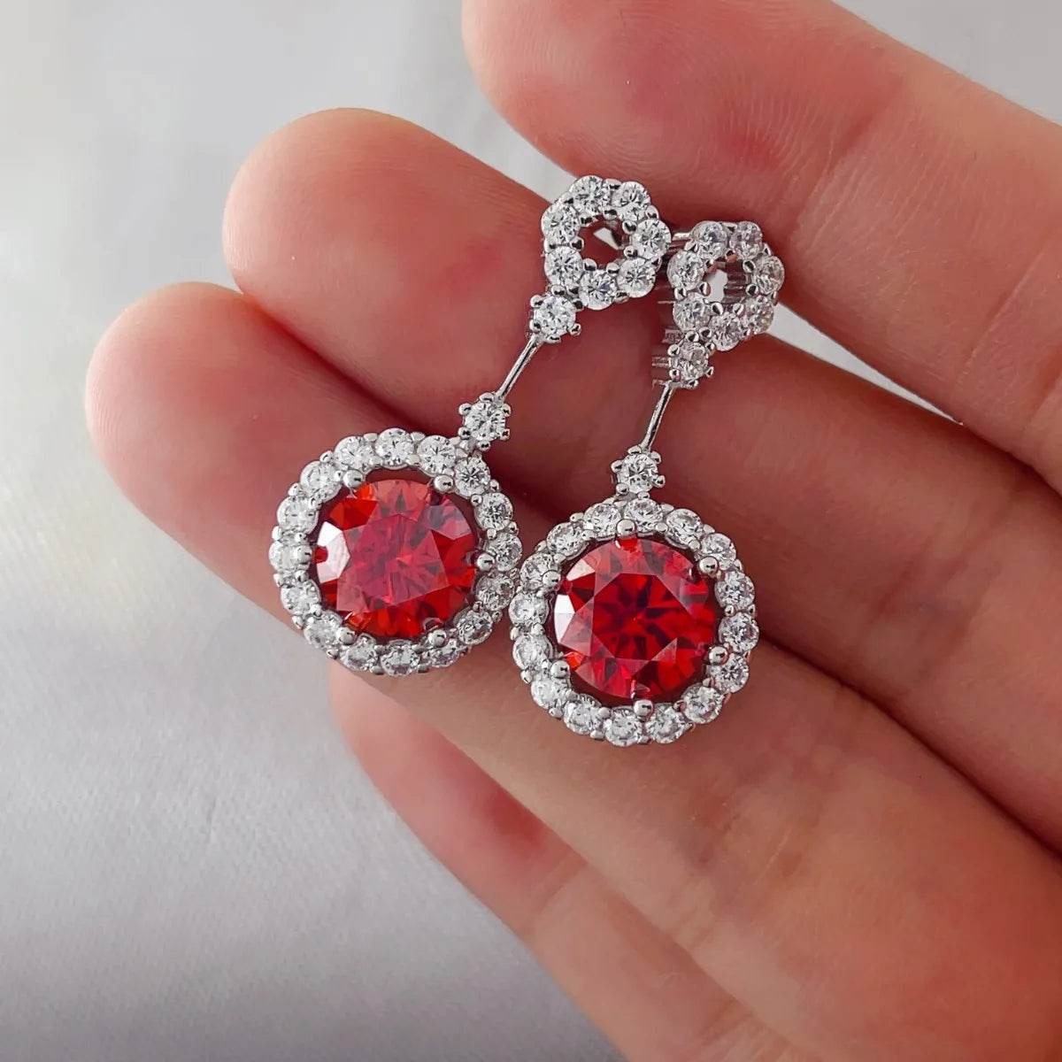4 Carat Ruby Red Crystal Drop Earrings with Rhinestone Halo - Patelcreations