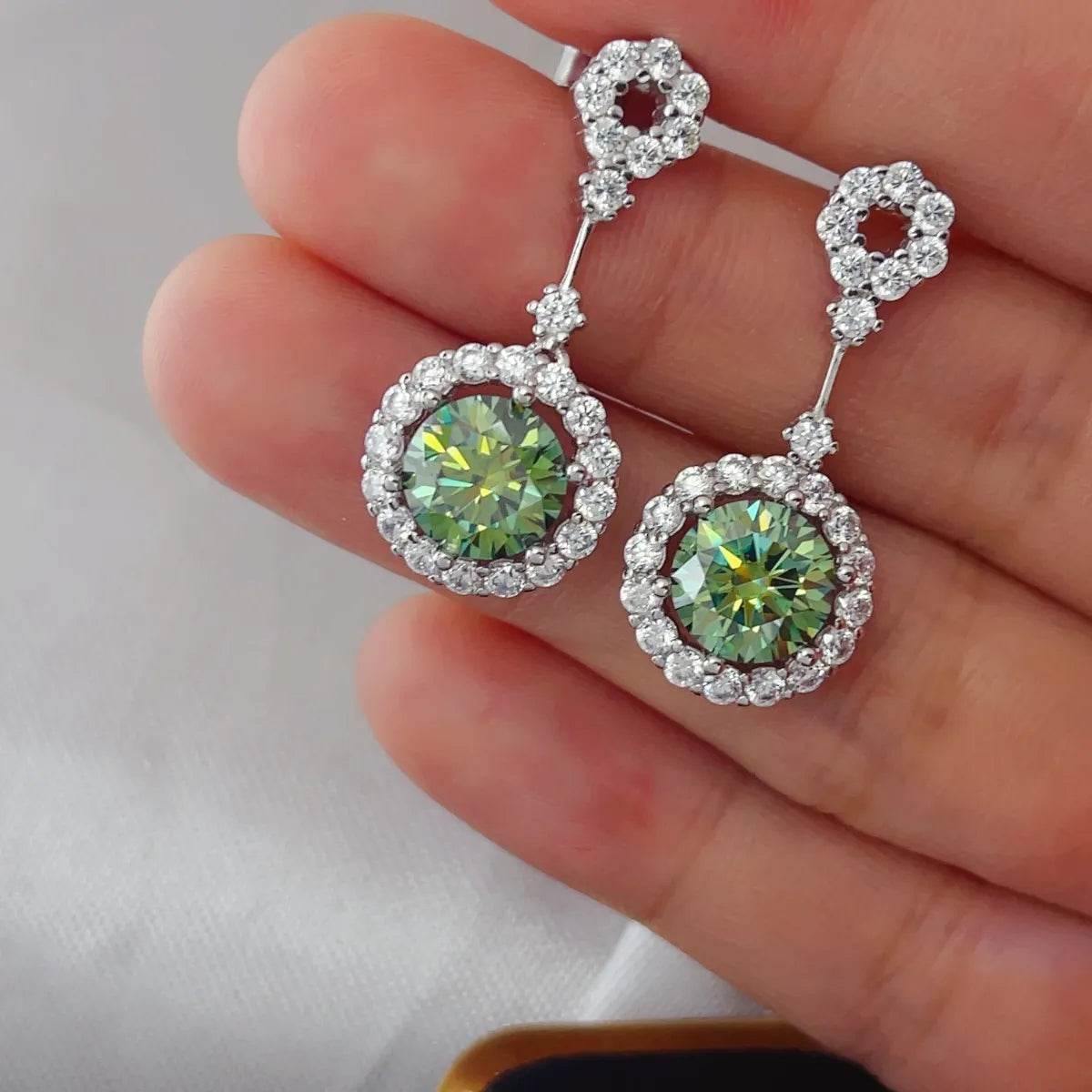 4 Carat Moissanite Crystal Drop Dangle Earrings - Platinum Plated Halo Design - Patelcreations