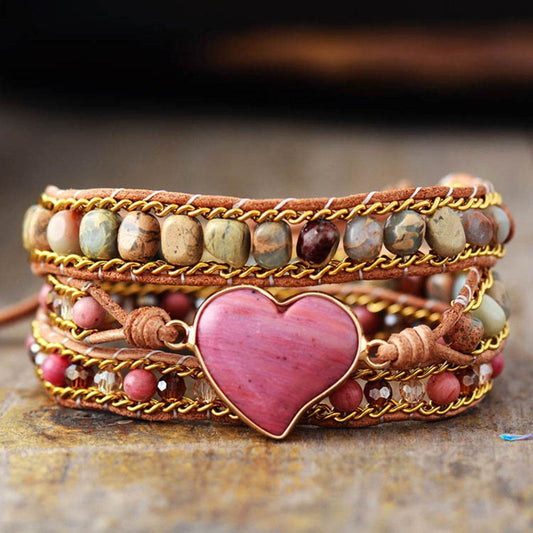 Crystal Bead Bracelet - Pink Heart Centerpiece Triple Layer Luxury Wrap - Patelcreations