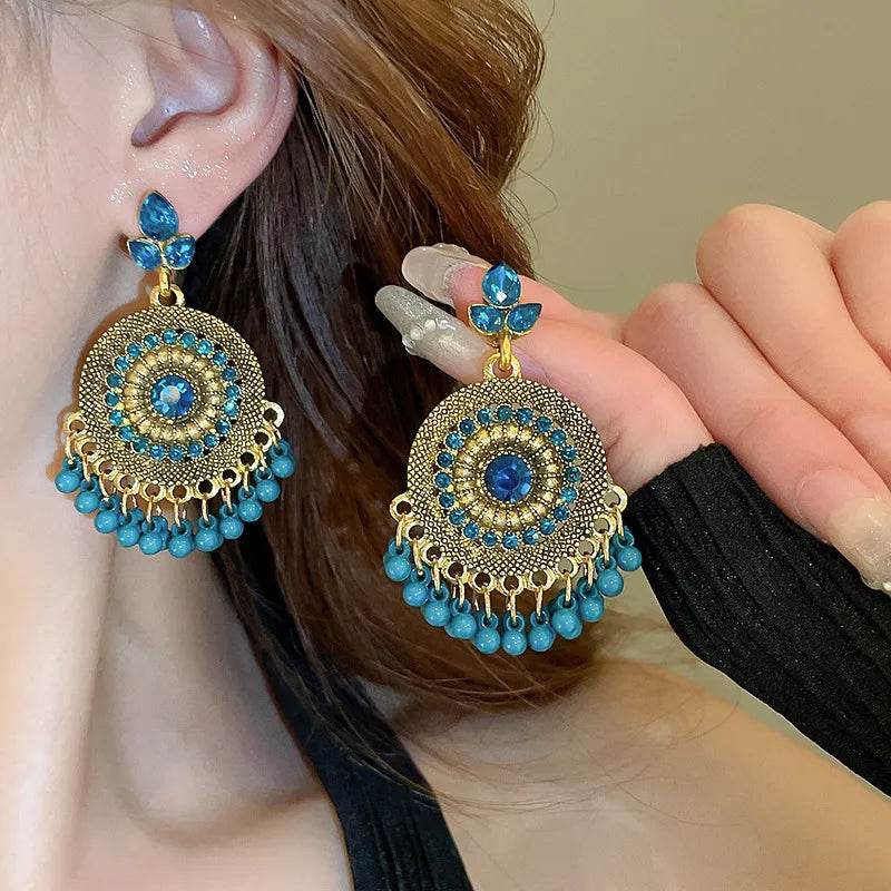 Rhinestone Alloy Bead Dangle Earrings - Traditional Mandala Design with Pearl Drops - Patelcreations