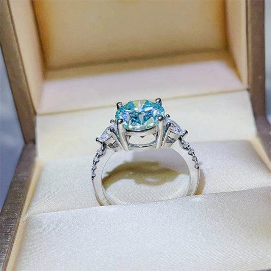 5 Carat Turquoise Moissanite Ring - Platinum Plated Three Stone Design - Patelcreations