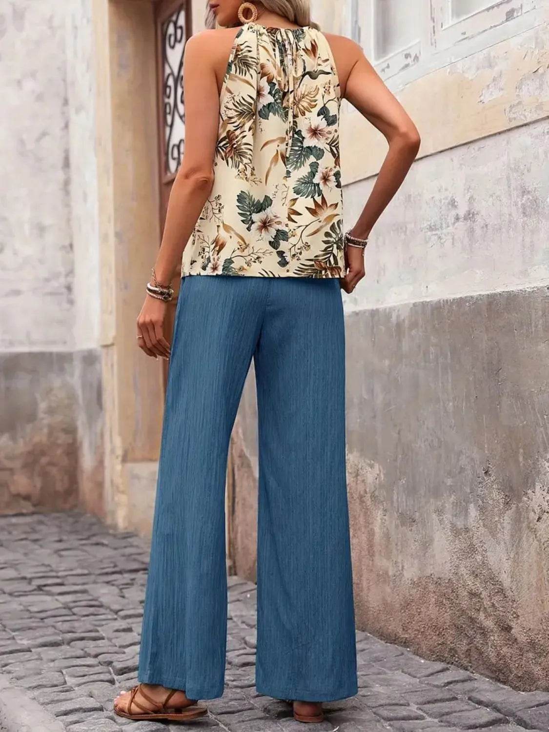 🌿 Meadow Glow Printed Tank Top and Wide Leg Pants Set - Patelcreations