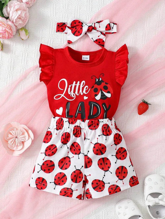 Children's Ladybug Print 3-Piece Set - Headband, Ruffle Top & Pants - Patelcreations