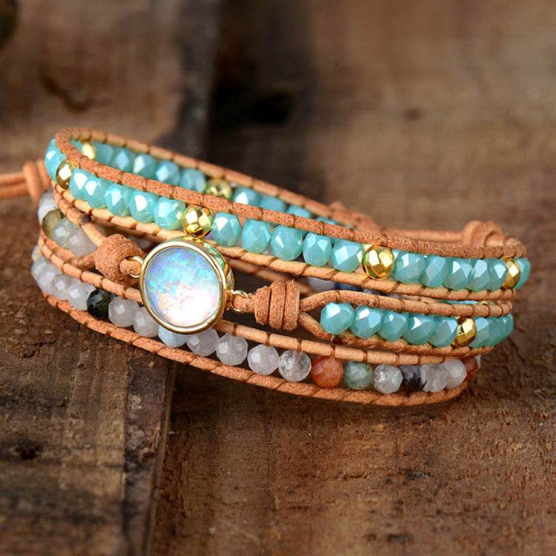 Opal Beaded Layered Bracelet - Rainbow Fire Opal Centerpiece Mystical Luxury - Patelcreations