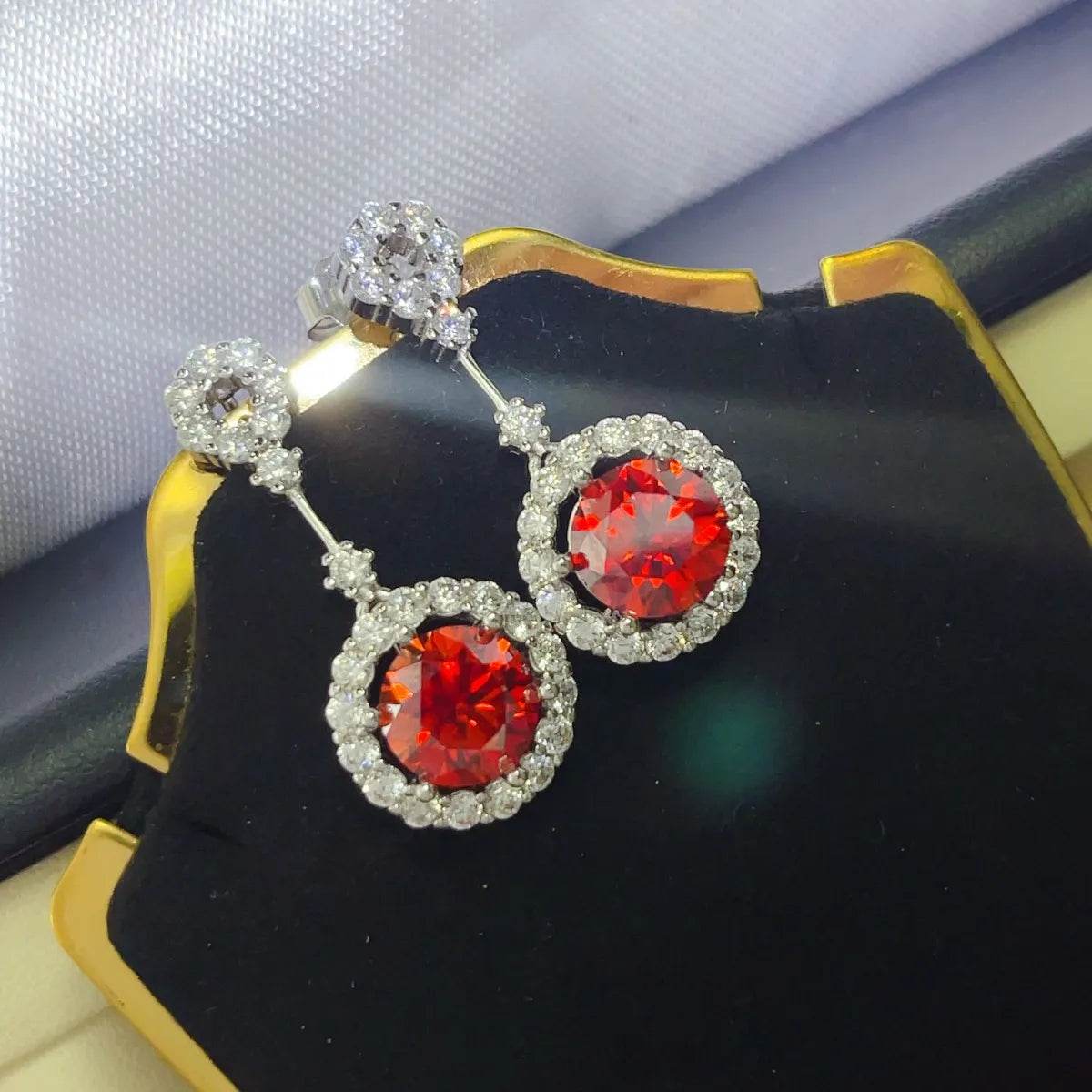 4 Carat Ruby Red Crystal Drop Earrings with Rhinestone Halo - Patelcreations