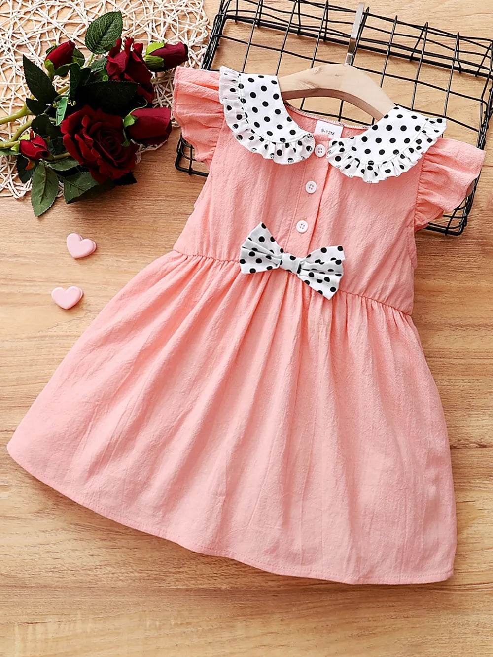 Children's Bow Peter Pan Collar Ruffle Sleeve Dress - Watermelon Pink - Patelcreations