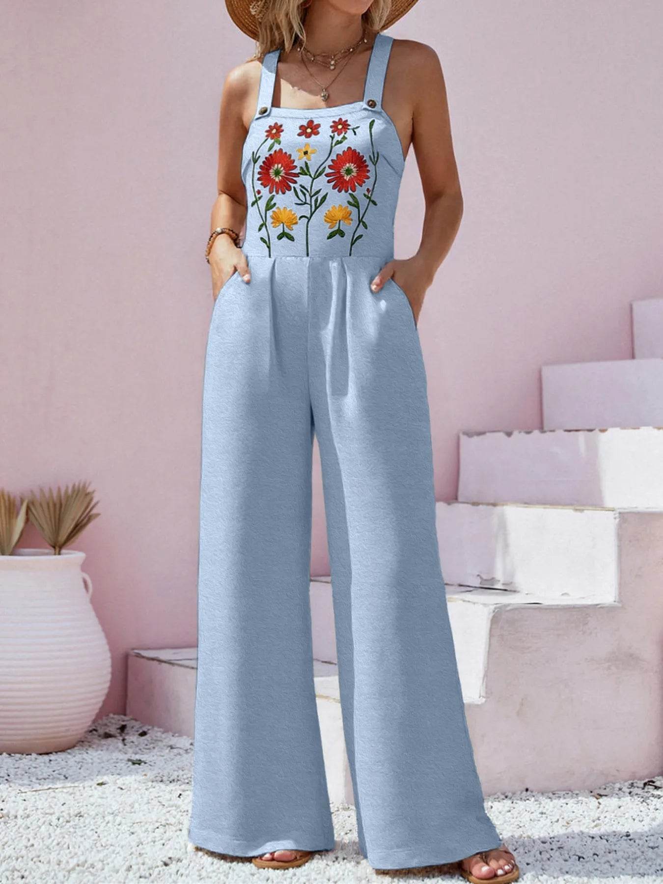 🌸 Floral Embroidered Wide Leg Jumpsuit - Patelcreations