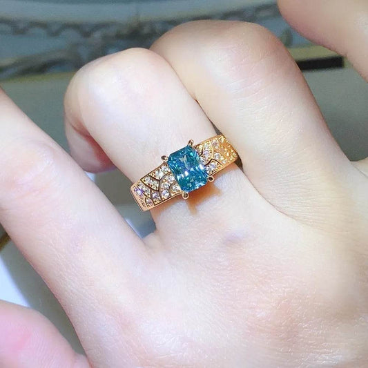 1 Carat Blue Moissanite Ring - Gold Plated Sterling Silver Emerald Cut - Patelcreations