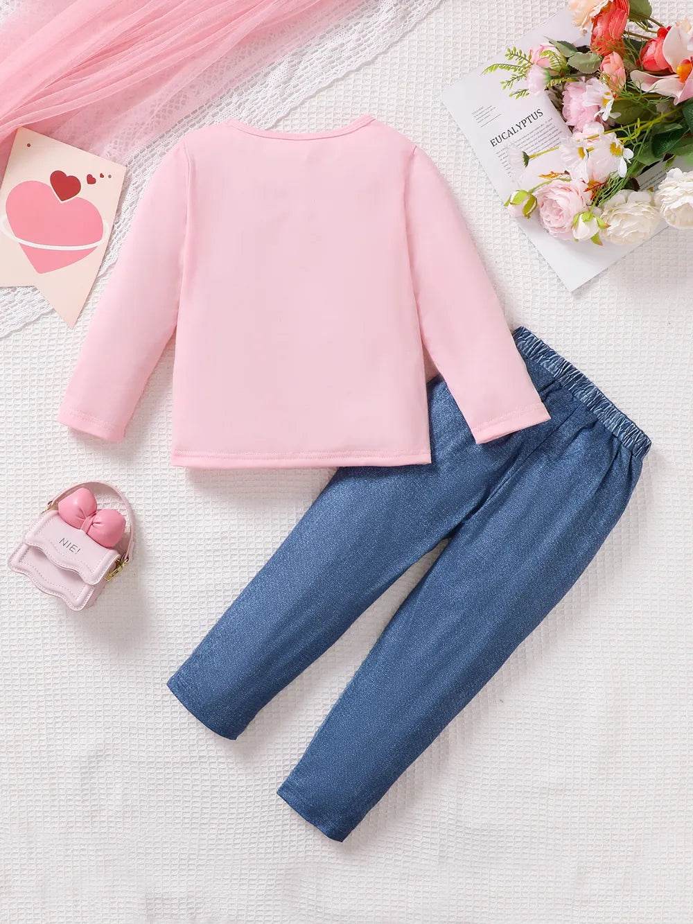 Girls Fringe Two-Piece Set - Pink Character Top & Distressed Denim outfit - Patelcreations