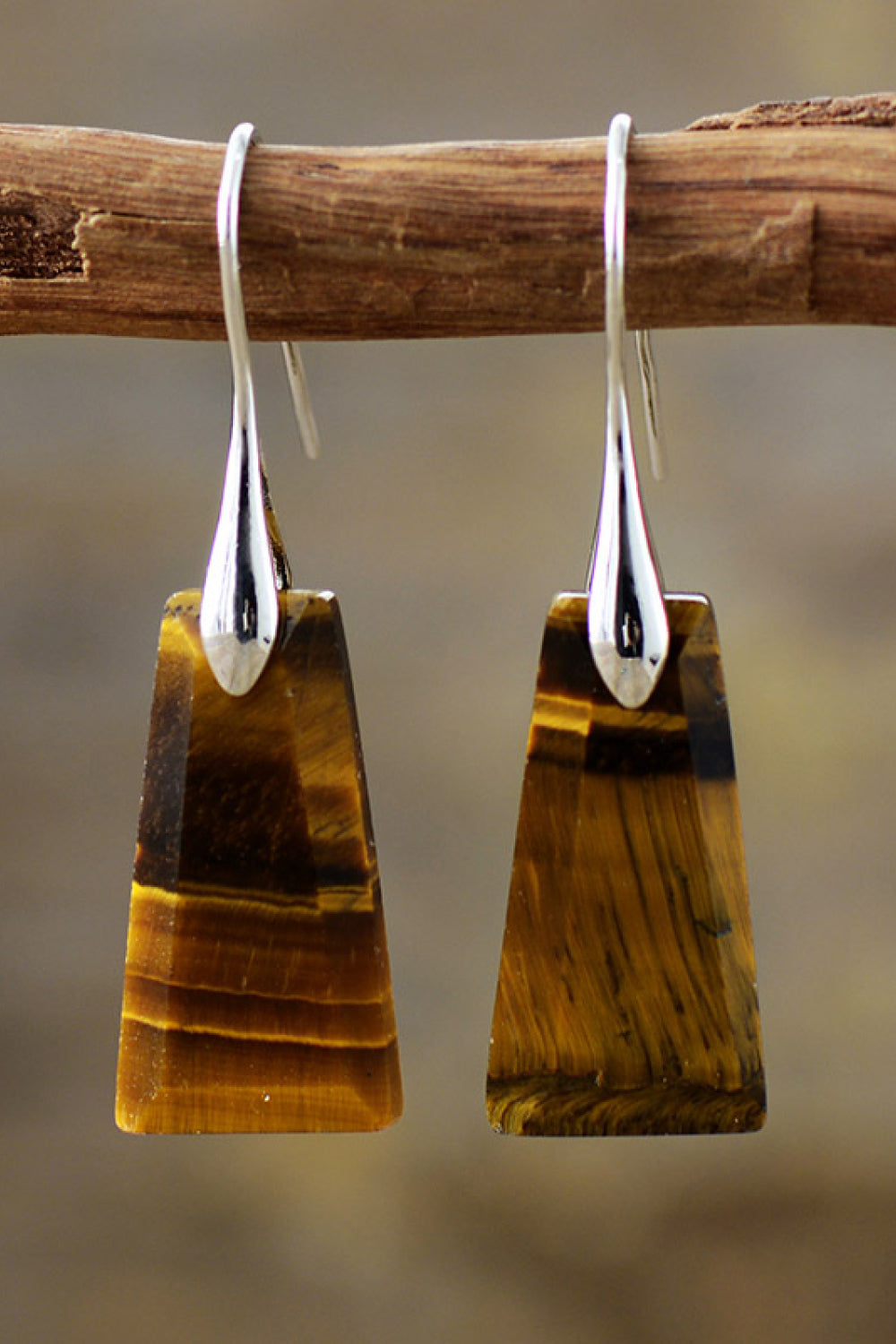 Tiger's eye stone earrings hanging from a branch with a blurred background