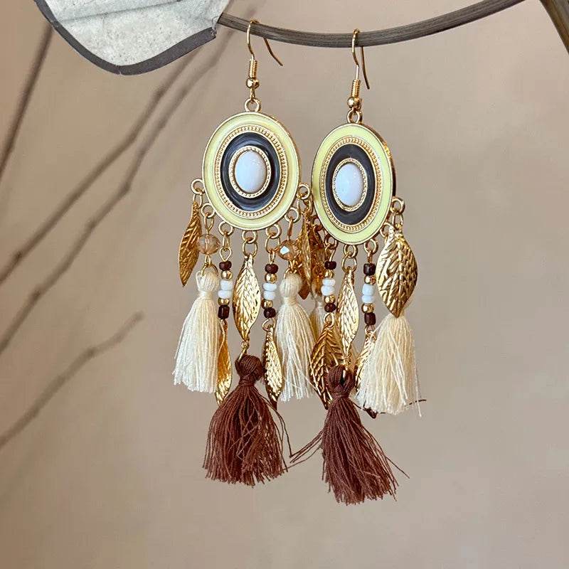 Native American Inspired Alloy Rice Bead Dangle Earrings - Feather & Tassel Design - Patelcreations