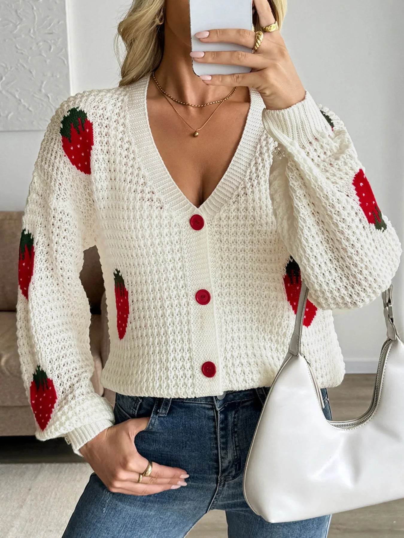 🍓✨ Strawberry Pattern V-Neck Button-Up Cardigan 🌸💕 - Patelcreations