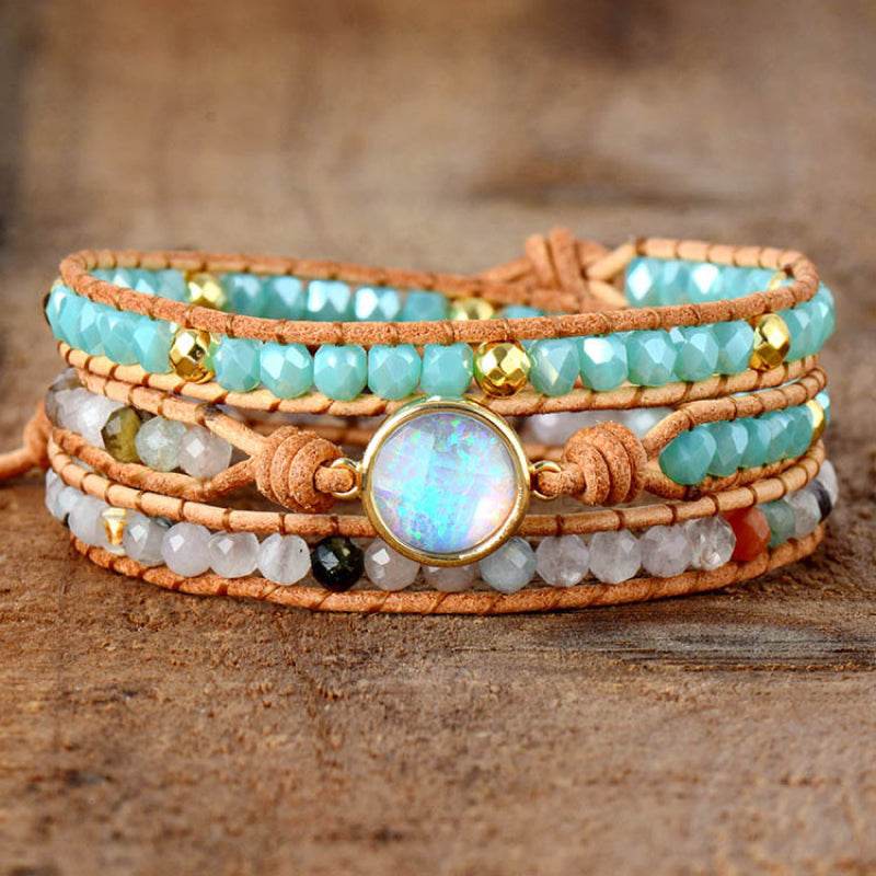 Opal Beaded Layered Bracelet - Rainbow Fire Opal Centerpiece Mystical Luxury - Patelcreations