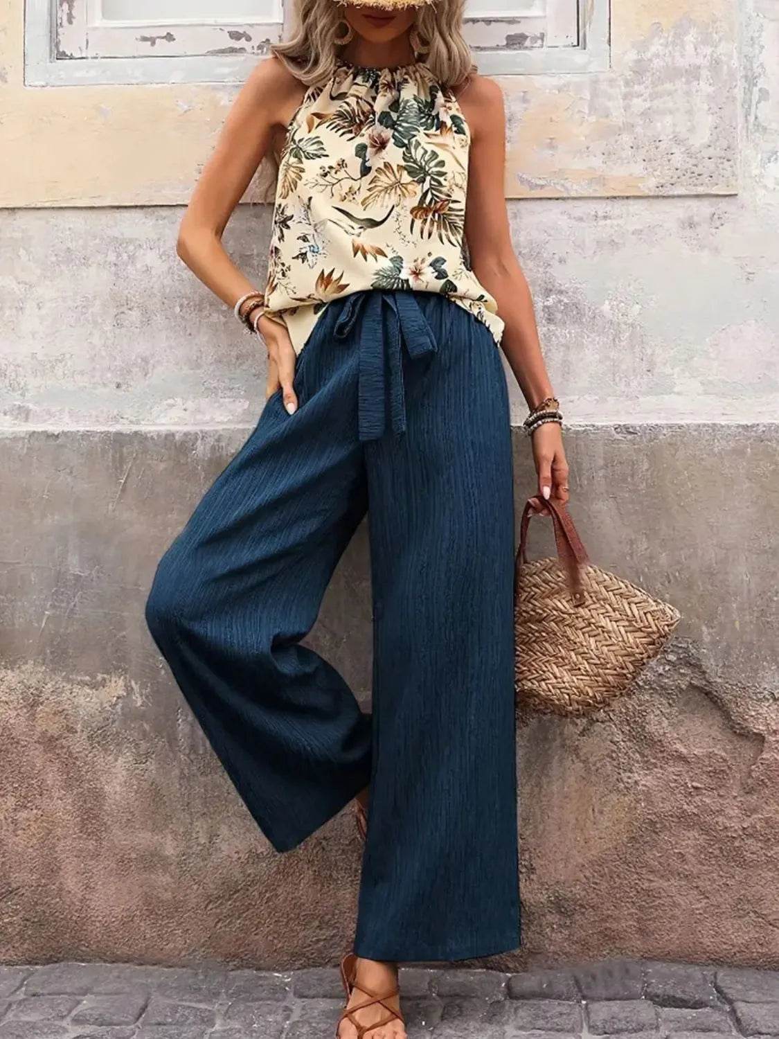 🌿 Meadow Glow Printed Tank Top and Wide Leg Pants Set - Patelcreations