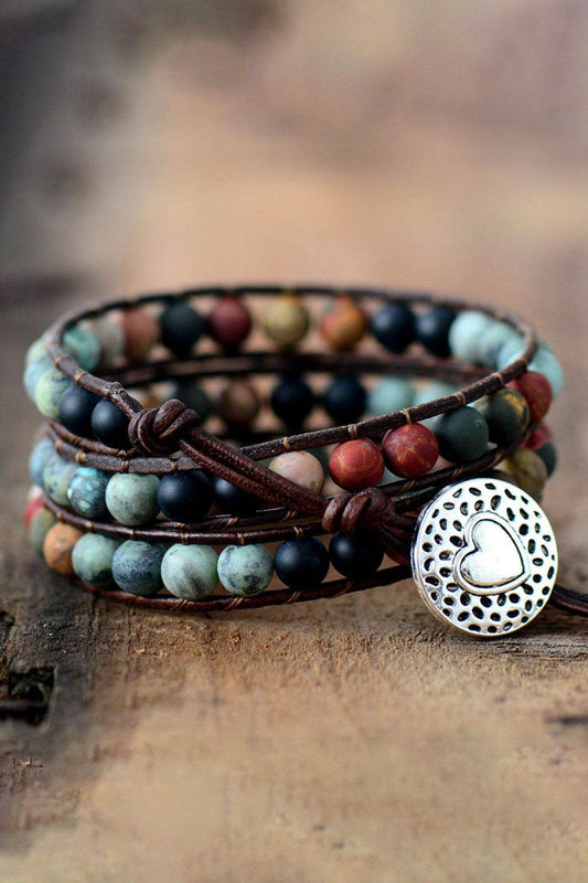 Handmade Triple Layer Beaded Agate Bracelet - Natural Earth Tones Heart Charm - Patelcreations