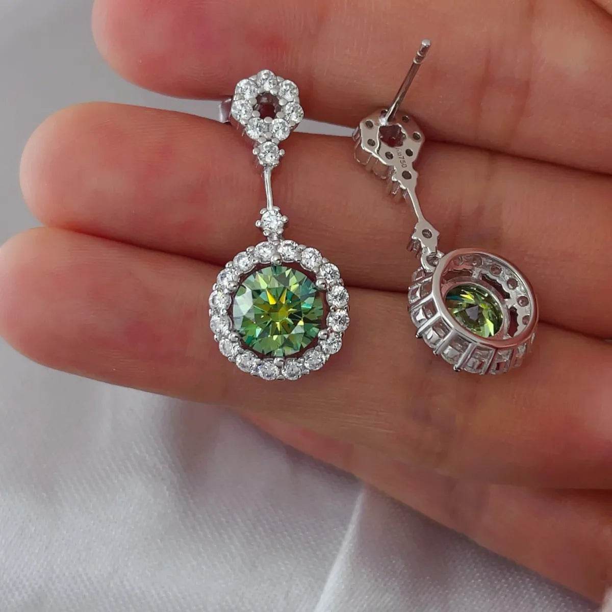 4 Carat Moissanite Crystal Drop Dangle Earrings - Platinum Plated Halo Design - Patelcreations