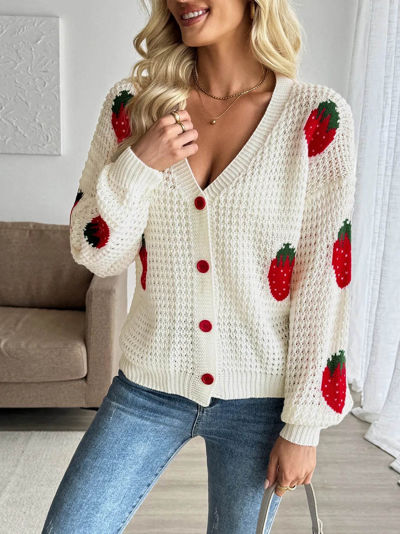🍓✨ Strawberry Pattern V-Neck Button-Up Cardigan 🌸💕 - Patelcreations