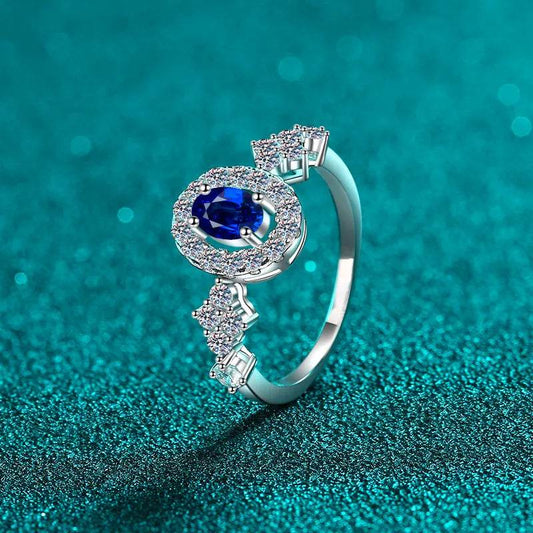 0.5 Carat Blue Moissanite Ring - Sterling Silver Oval Halo Design - Patelcreations